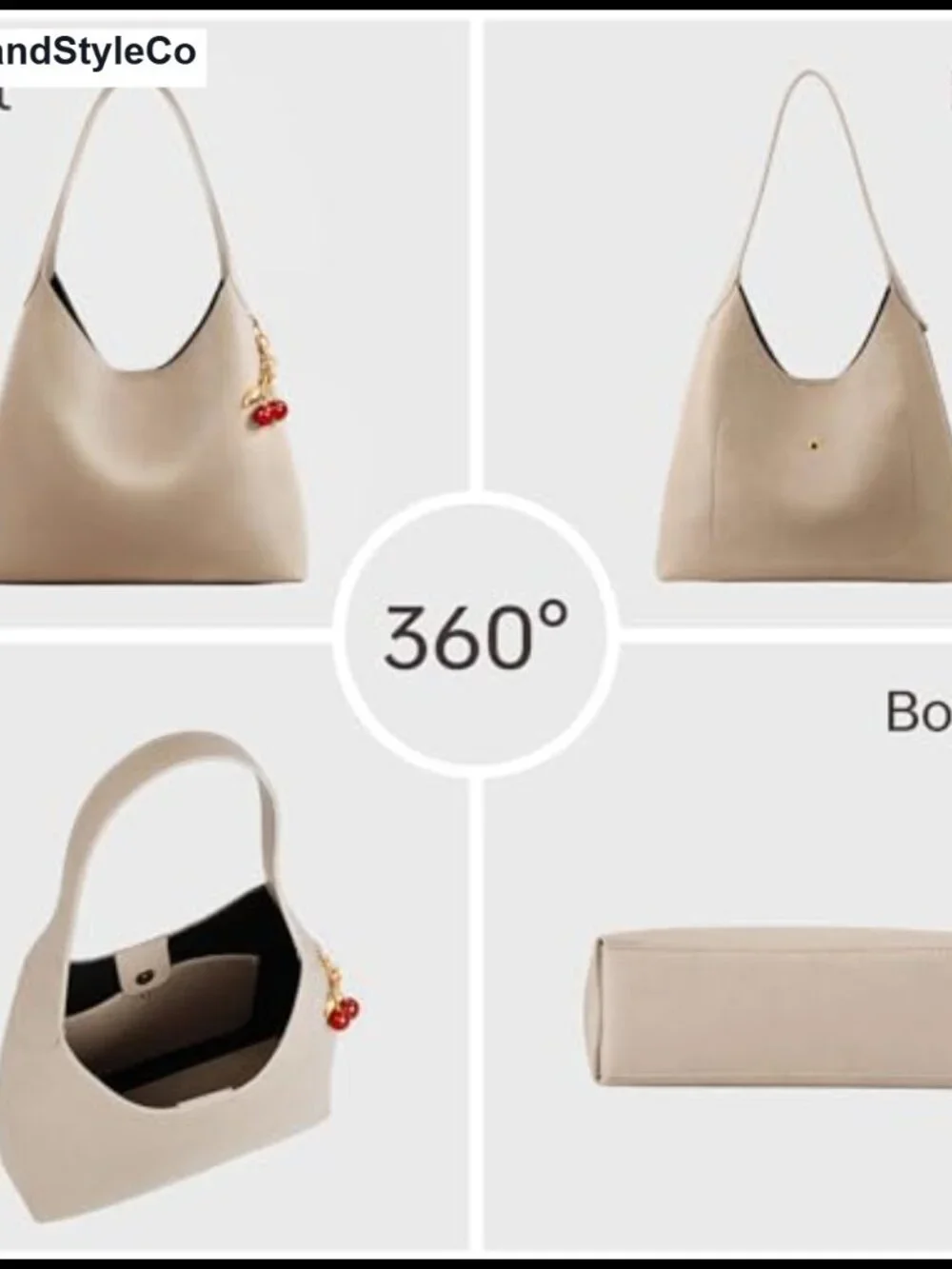 Large Slouchy Hobo Shoulder Bag Vegan Leather Tote with Cherry Charm